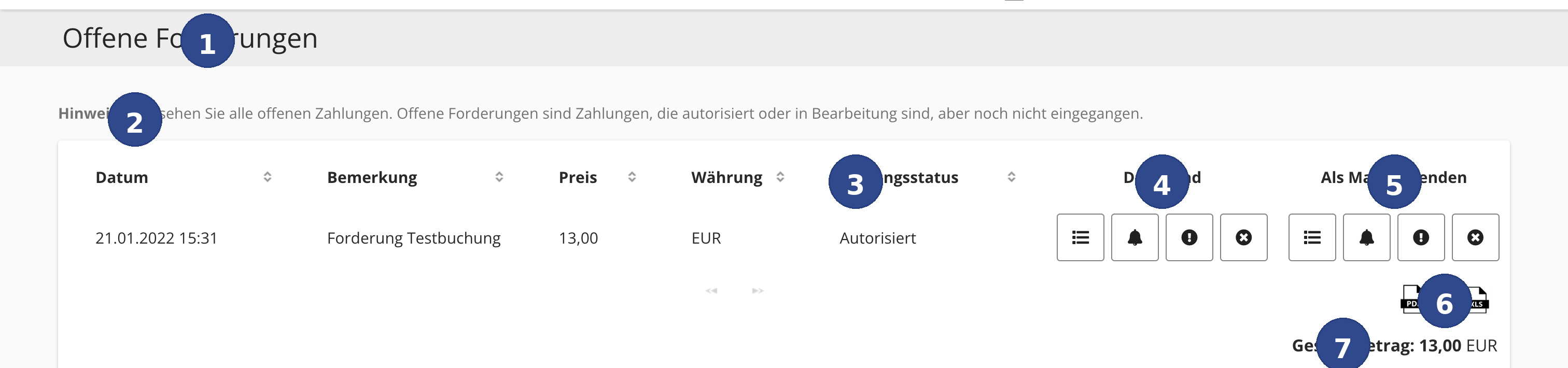 Screenshot der Forderungsübersicht im spooorts Manager mit Bezugspunkten
