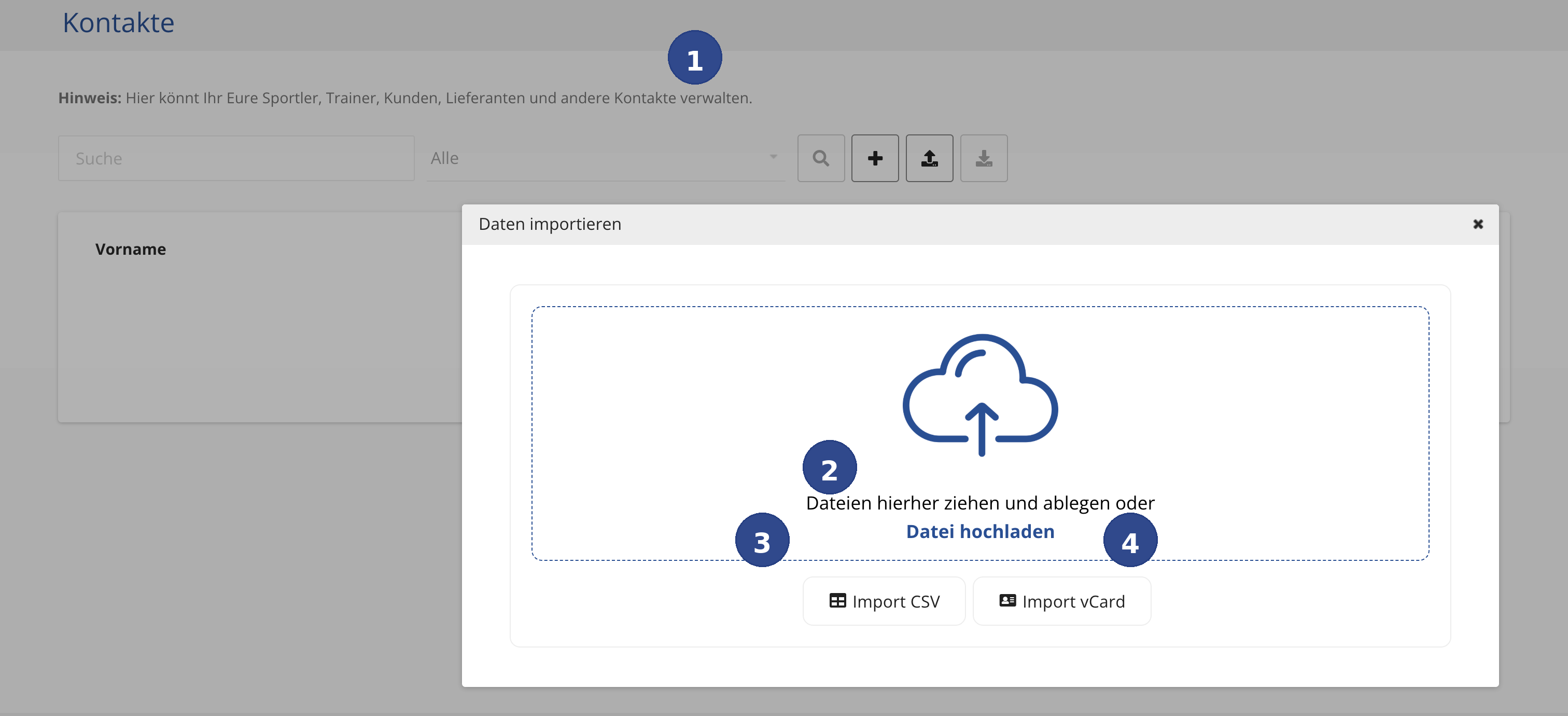 Screenshot of import dialog in spooorts Manager with numbered reference points