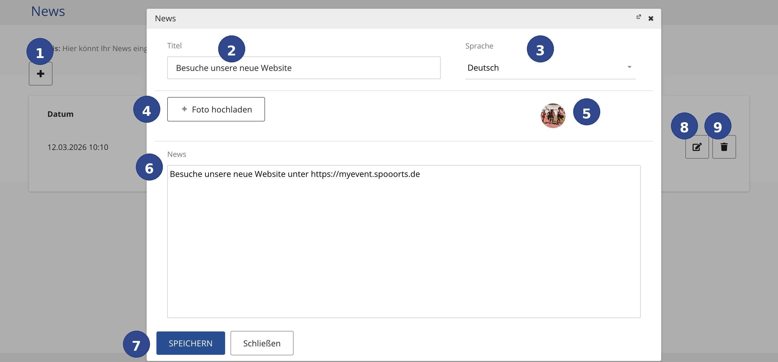 Screenshot of news management in spooorts Manager with reference points
